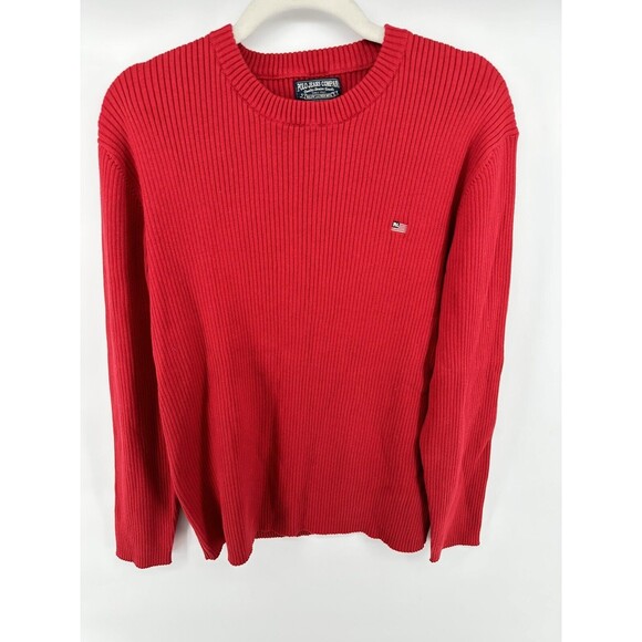 Ralph Lauren Polo Jeans Co Solid Red Ribbed Cotton Crewneck Pullover Sweater L
